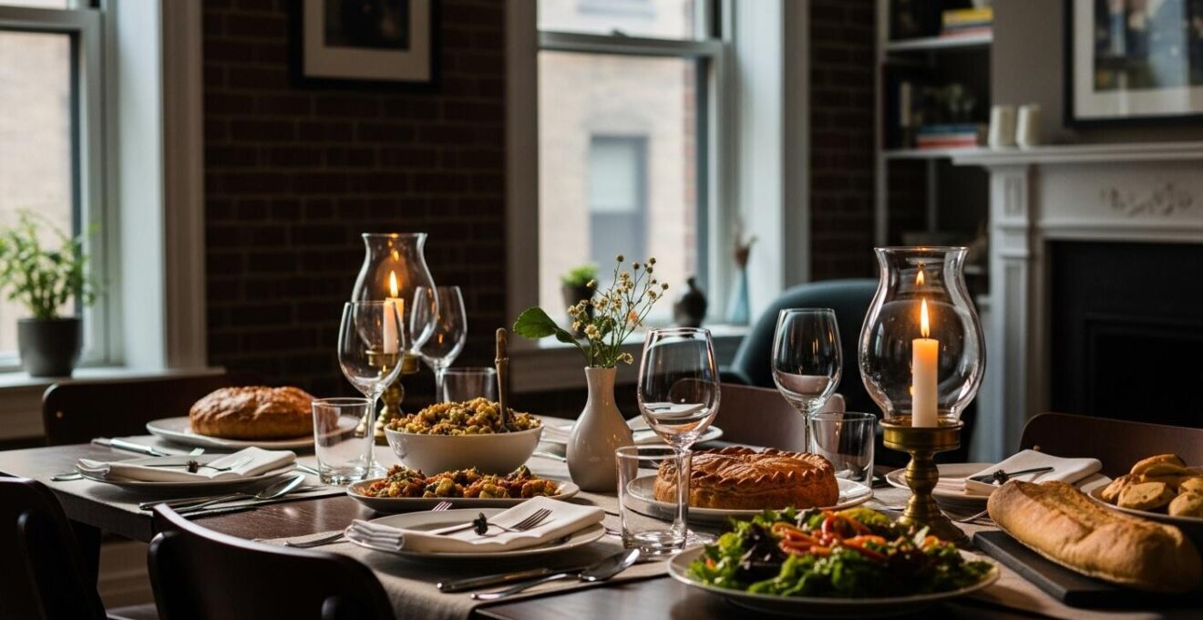 Table conviviale dressée pour un dîner intime dans un appartement montréalais chaleureux, ambiance d’échange et partage