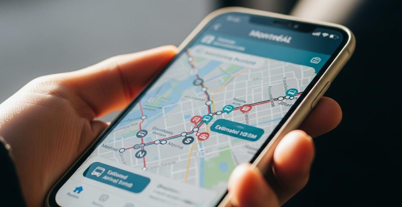 Vue en gros plan sur une main utilisant un smartphone avec une application de transport montréalais, cadrage serré sur l'écran