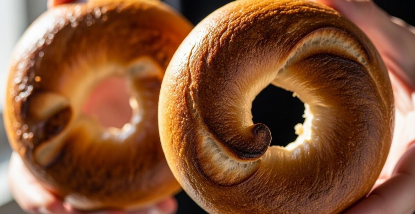 Photo rapprochée montrant deux mains tenant respectivement un bagel St-Viateur et un bagel Fairmount côte à côte