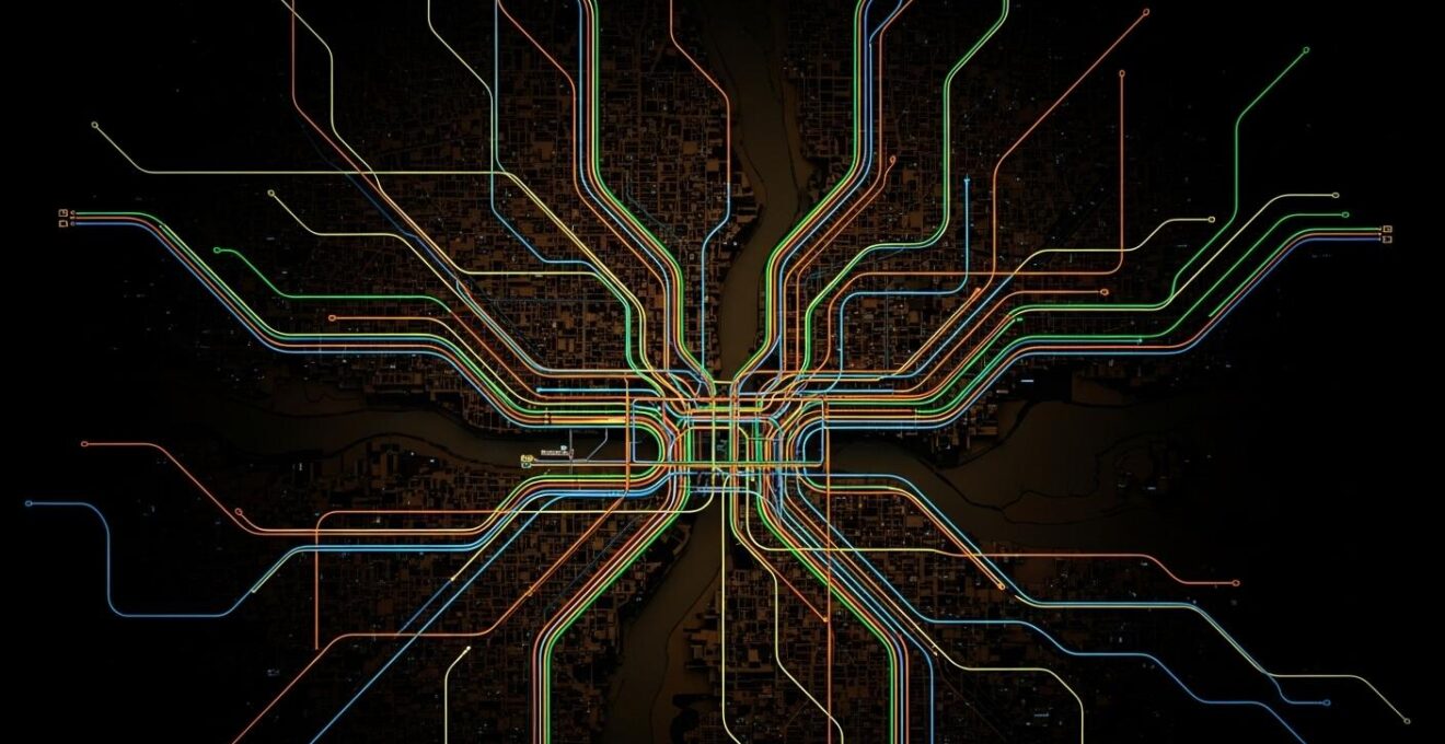 Carte stylisée et artistique du métro de Montréal avec couleurs des lignes et stations marquées sans texte