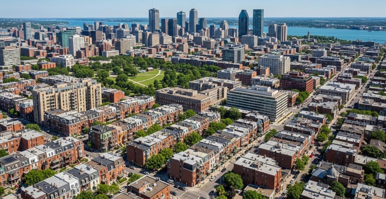 Vue urbaine aérienne montrant les trois quartiers montréalais populaires, avec leurs caractéristiques distinctes visibles