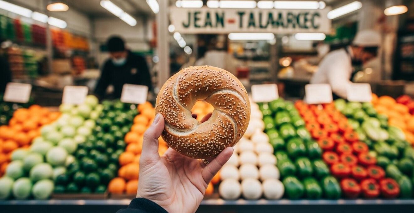 Vue aérienne réaliste d'une main tenant un bagel traditionnel montréalais au-dessus d'un étal coloré du Marché Jean-Talon, lumière naturelle