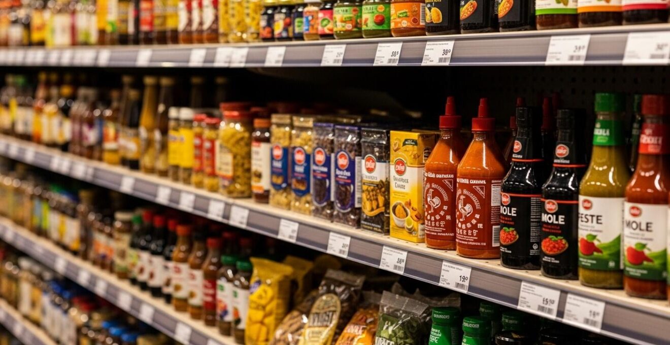 Rayon bien approvisionné dans une épicerie ethnique montrant une diversité de produits alimentaires du monde