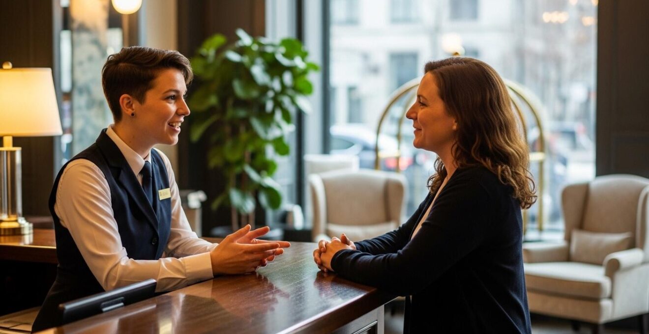 Interaction chaleureuse entre un client et un hôte dans un hôtel-boutique montréalais