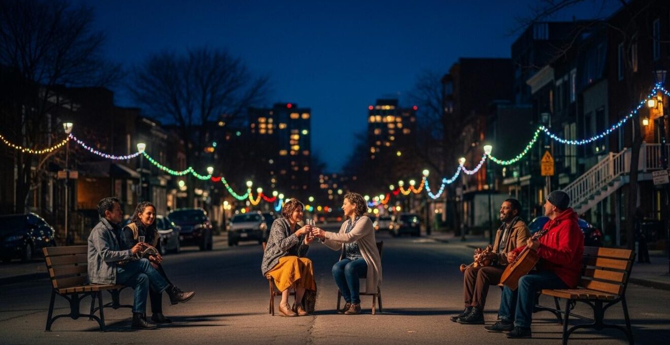 Scène urbaine animée d'un festival à Montréal avec foule détendue, éclairage festif et scènes alternatives en arrière-plan
