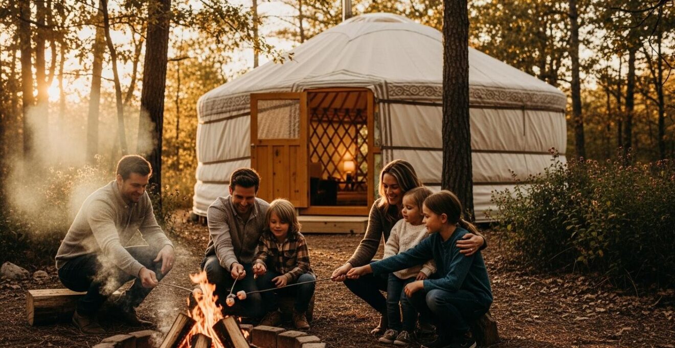 Yourte de glamping atmosphérique avec feu de camp, entourée de nature paisible au coucher du soleil près de Montréal