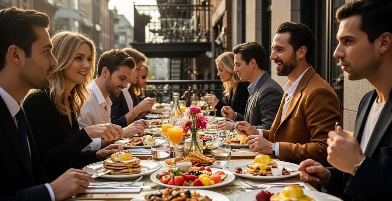 Vue d'ensemble d'un restaurant montréalais animé avec terrasse remplie de clients profitant d’un brunch sous une lumière chaleureuse