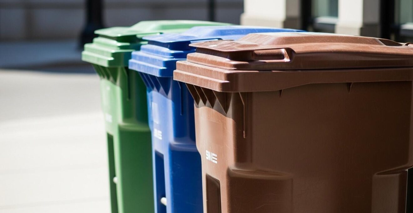 Illustration symbolique des bacs de recyclage et déchets à Montréal avec couleurs distinctes