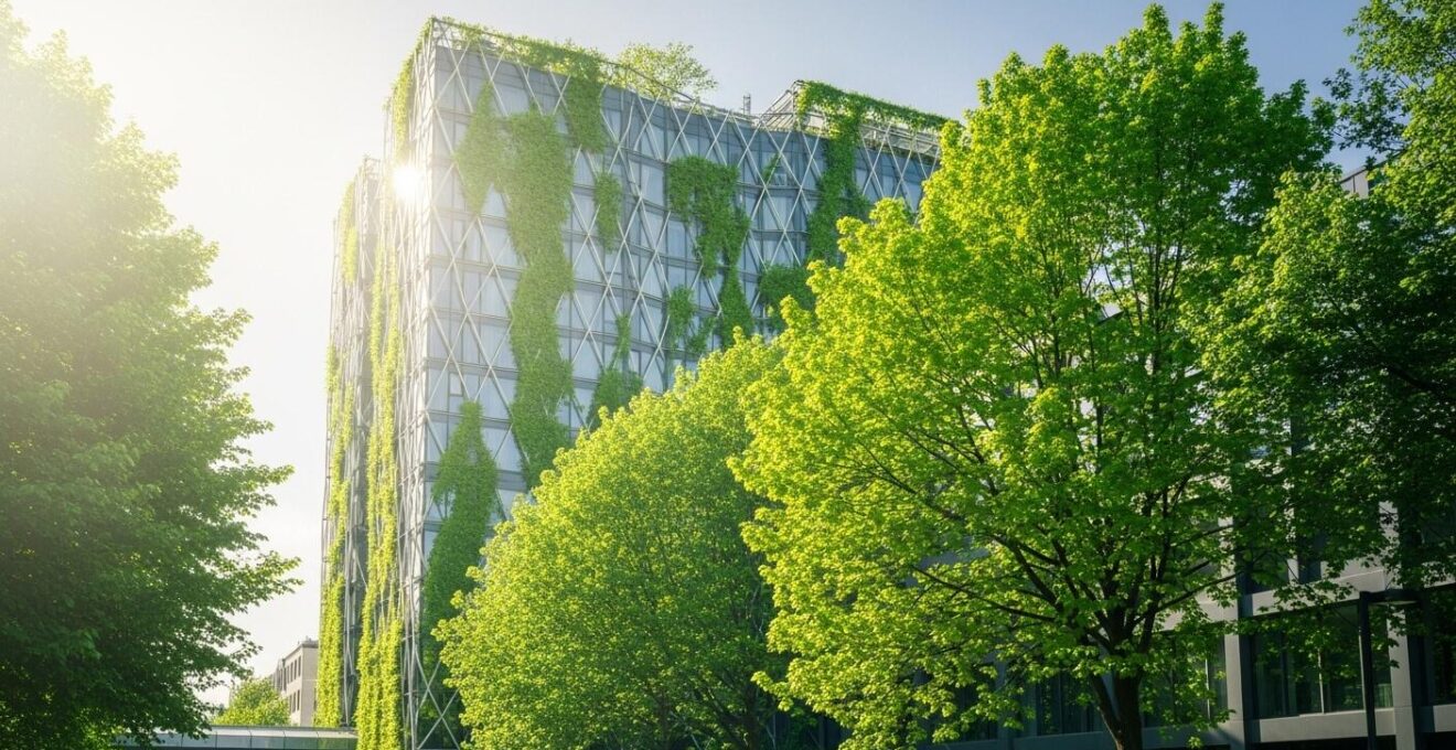 Illustration symbolique d’un hôtel entouré d’éléments naturels évoquant la durabilité
