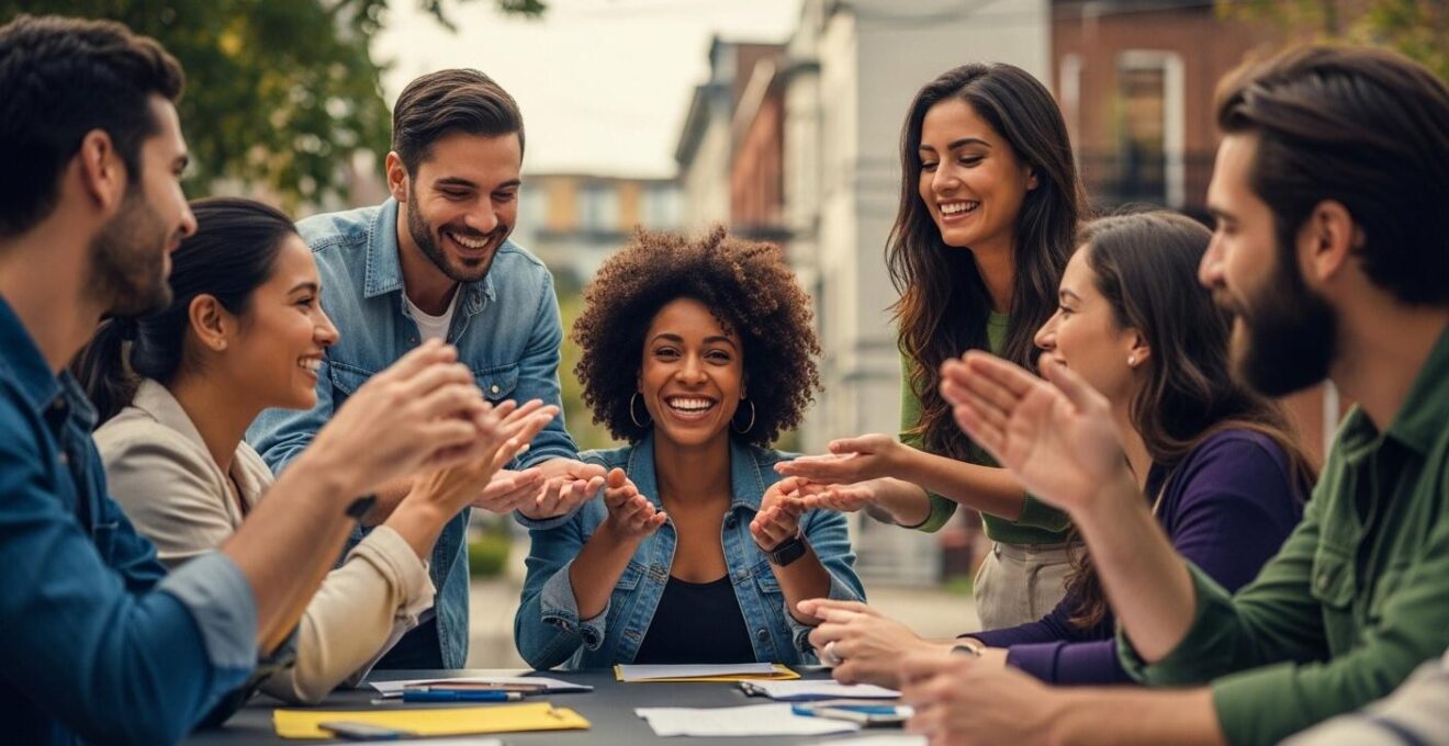 Une photographie réaliste représentant une réunion de citoyens engagés dans un quartier de Montréal, discutant autour d'une table en plein air, avec des éléments urbains visibles en arrière-plan.