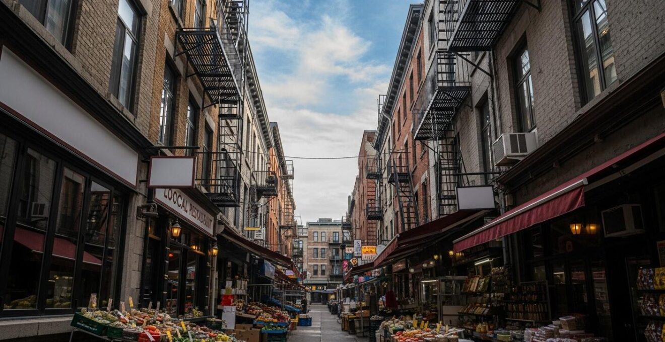 Ruelle typique montrant des détails architecturaux et culinaires des quartiers multiculturels Petite Italie et Quartier Chinois