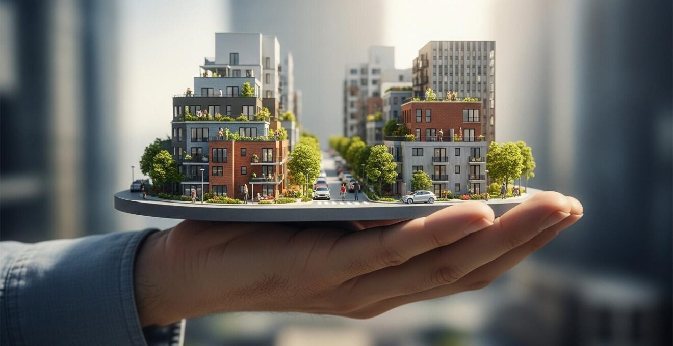 Photo symbolique d'une main tenant un petit quartier urbain miniaturisé illustrant l'engagement citoyen à Montréal