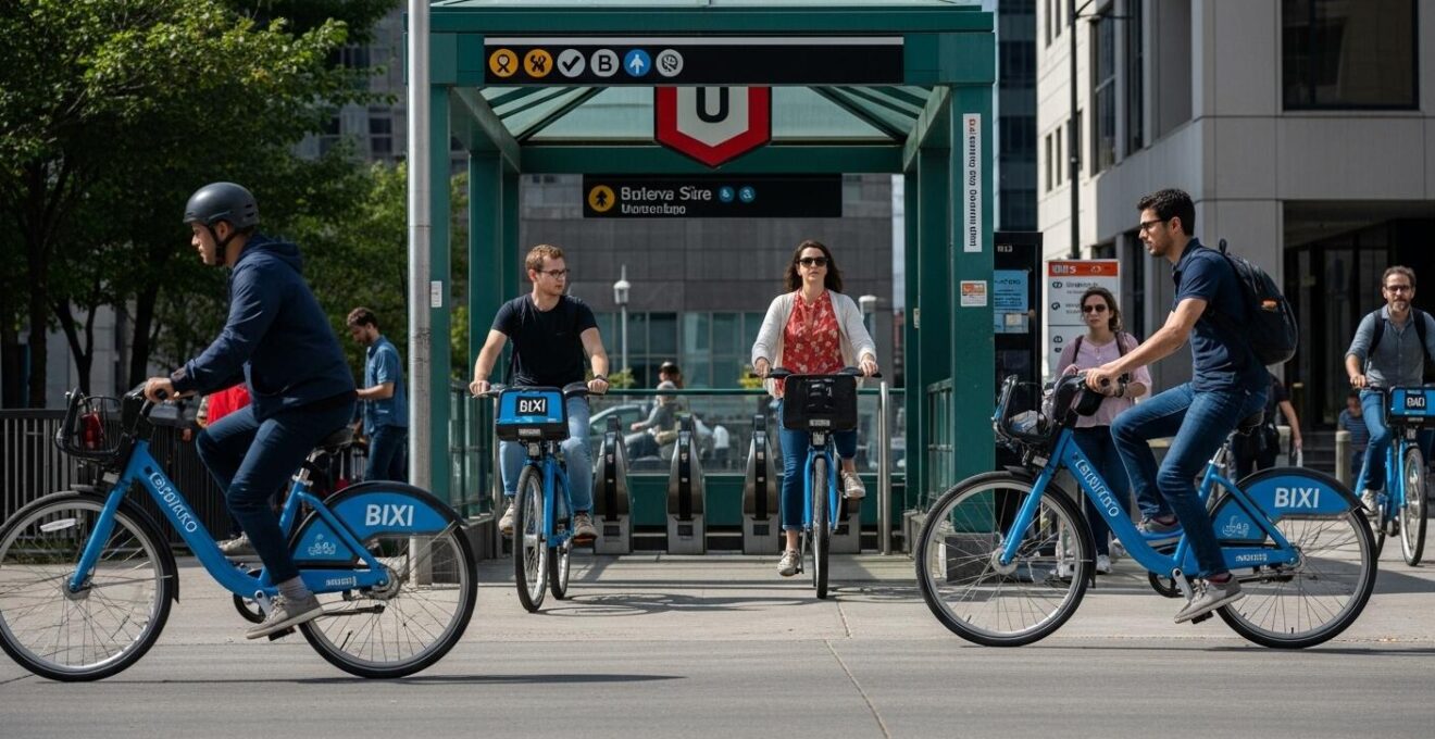 Scène urbaine montrant une station de métro et une station BIXI animées par des usagers en déplacement rapide