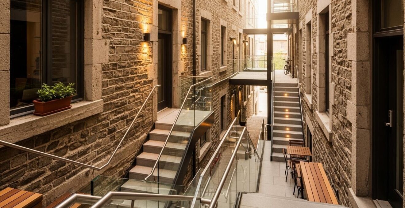 Vue symbolique d'un passage urbain ancien avec des touches modernes, évoquant une transformation secrète à Montréal.