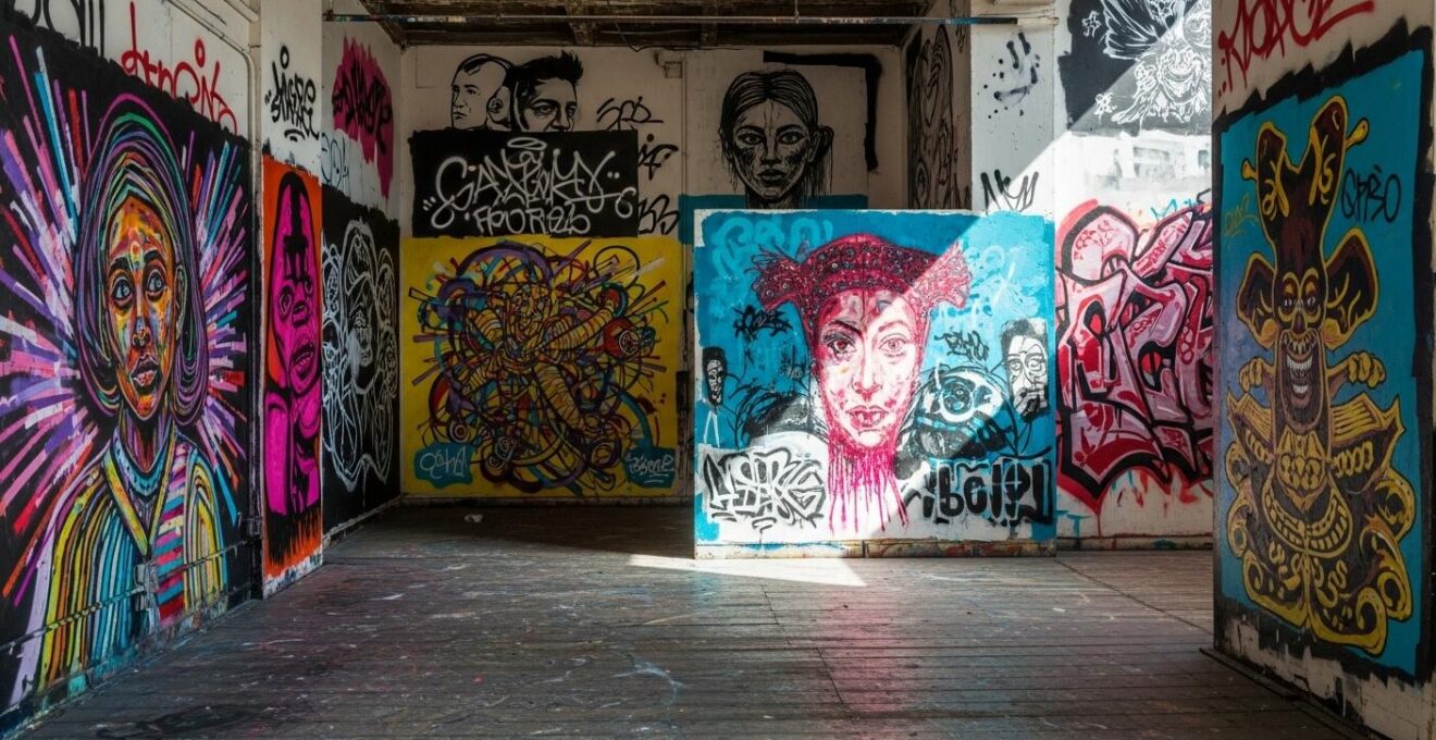 Espace artistique alternatif avec murales colorées dans un local d'artistes urbain à Montréal.