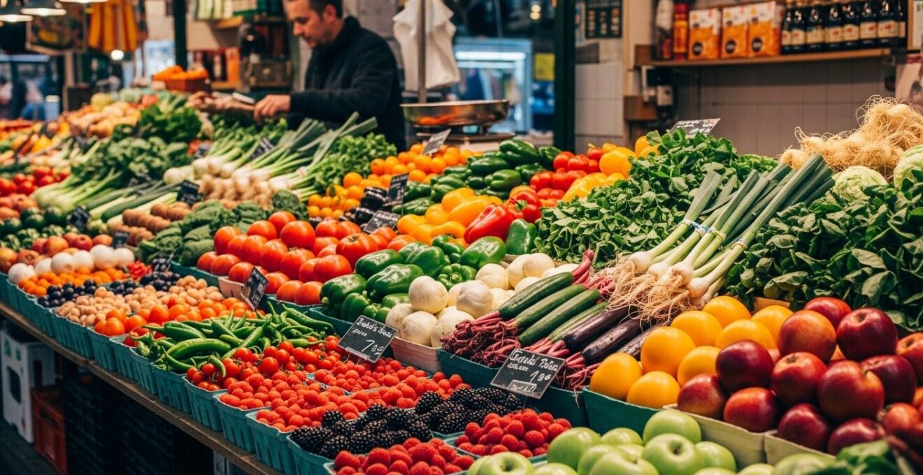 Étal coloré et lumineux du Marché Jean-Talon avec des fruits et légumes du Québec, mise au point nette sur les produits