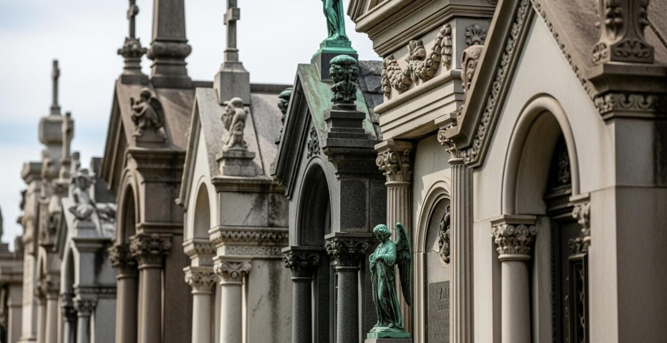Photographie réaliste des détails architecturaux de mausolées du cimetière Mont-Royal.