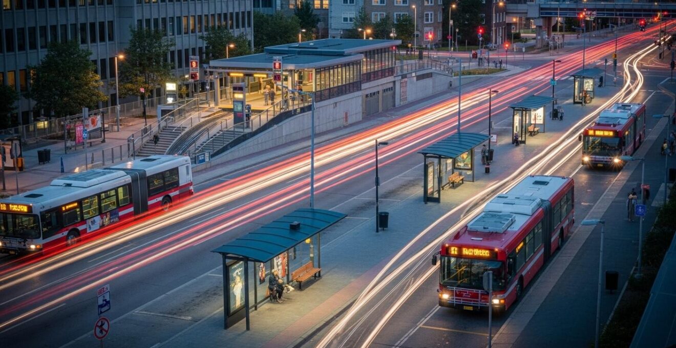 Vue aérienne réaliste d'une station de métro et de bus à Montréal avec des trajets lumineux symbolisant la mobilité fluide