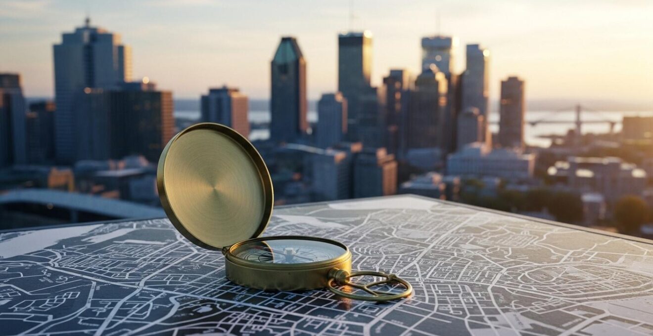 Vue panoramique de Montréal exploitée avec des éléments symboliques d'exploration personnelle et de découverte urbaine