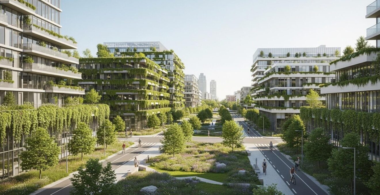 Photographie conceptuelle d’un quartier urbain futuriste à Montréal alliant nature et architecture moderne.
