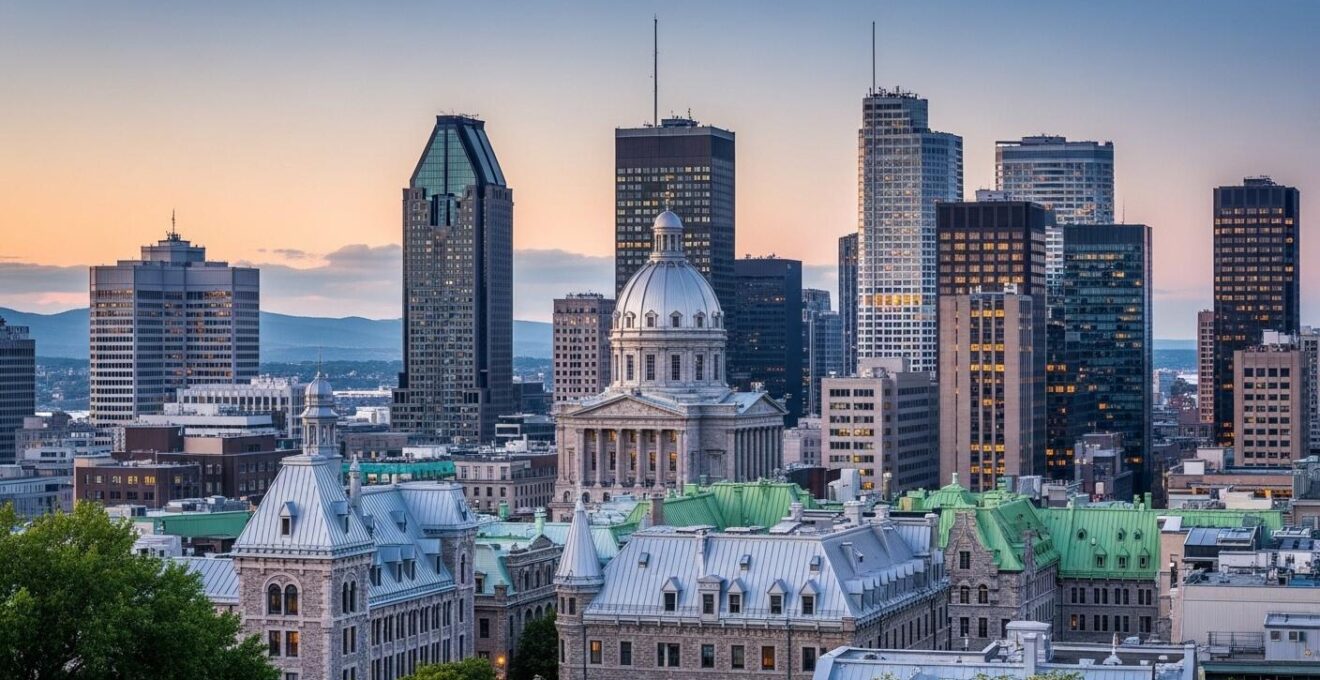 Vue panoramique mêlant architecture historique du Vieux-Montréal avec des bâtiments modernes en verre, capturant la fusion entre passé et avenir à Montréal.