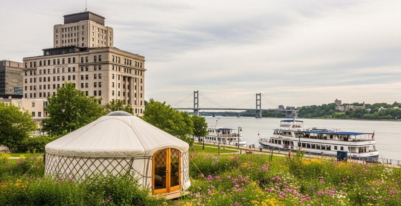 Vue panoramique de Montréal avec une composition mélangeant un ancien bâtiment bancaire reconverti, un bateau amarré sur le Saint-Laurent et une yourte de glamping en pleine nature