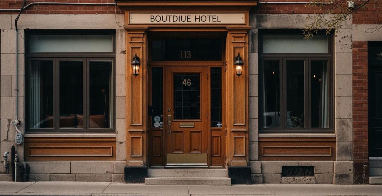 Vue urbaine chaleureuse d'un quartier montréalais avec un hôtel accueillant emblématique