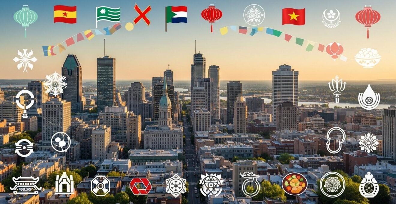 Vue panoramique de Montréal avec un mélange visuel d'éléments culturels symboliques représentant la diversité des 120 cultures