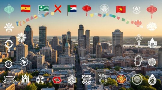 Vue panoramique de Montréal avec un mélange visuel d'éléments culturels symboliques représentant la diversité des 120 cultures