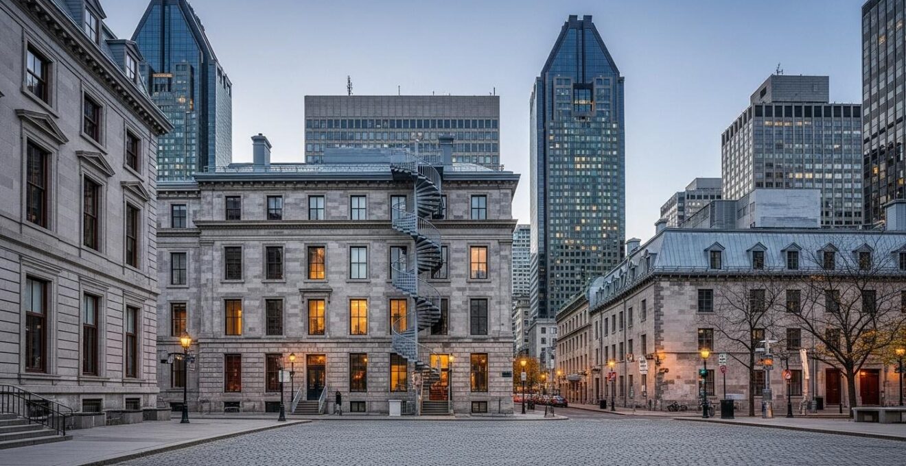 Vue panoramique réaliste de Montréal montrant à la fois des bâtiments historiques et modernes, capturant l'esprit urbain et historique de la ville.