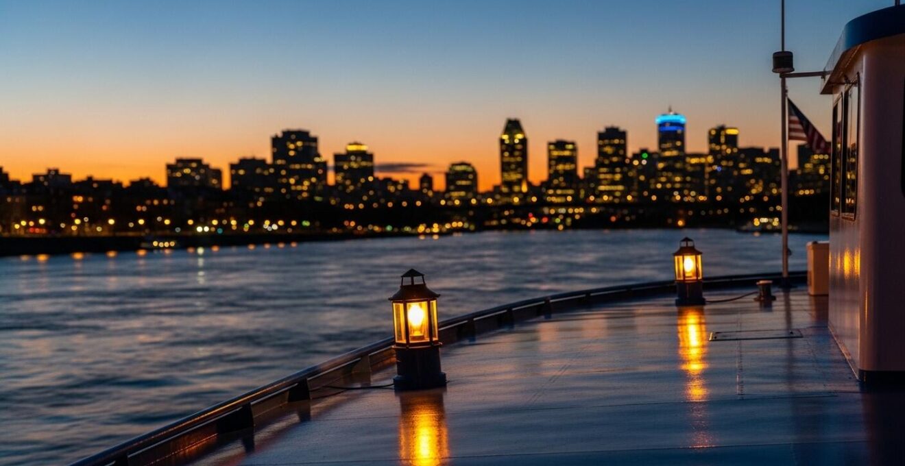 Bateau de croisière élégant amarré au Vieux-Port de Montréal au coucher du soleil avec vue sur la ville illuminée