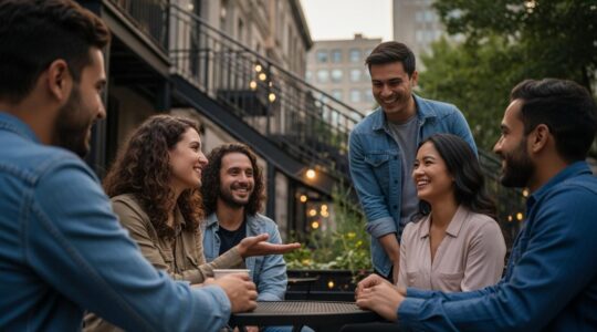 Photographie réaliste montrant une scène urbaine à Montréal avec des résidents de divers horizons partageant un moment convivial