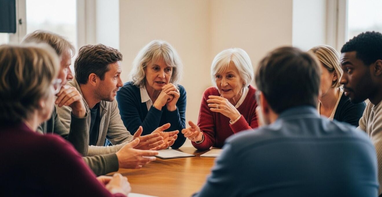 Assemblée citoyenne diverse en pleine discussion avec documents et échanges dynamiques