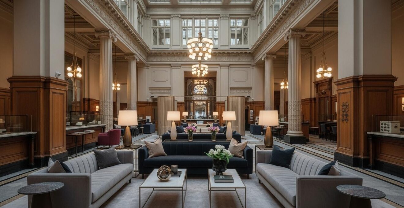 Intérieur élégant d'un ancien bâtiment bancaire reconverti en hôtel boutique avec hauts plafonds et architecture d'époque
