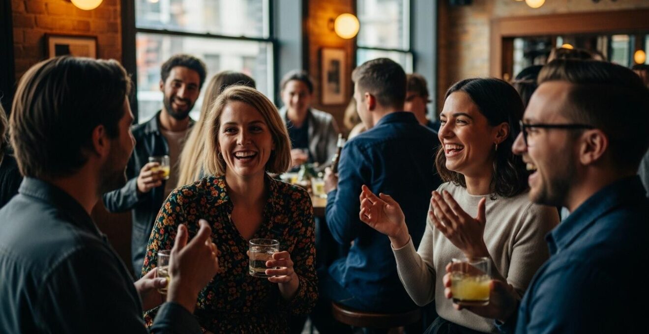 Groupe d’adultes souriants et échangeant dans un bar convivial à Montréal durant une soirée animée