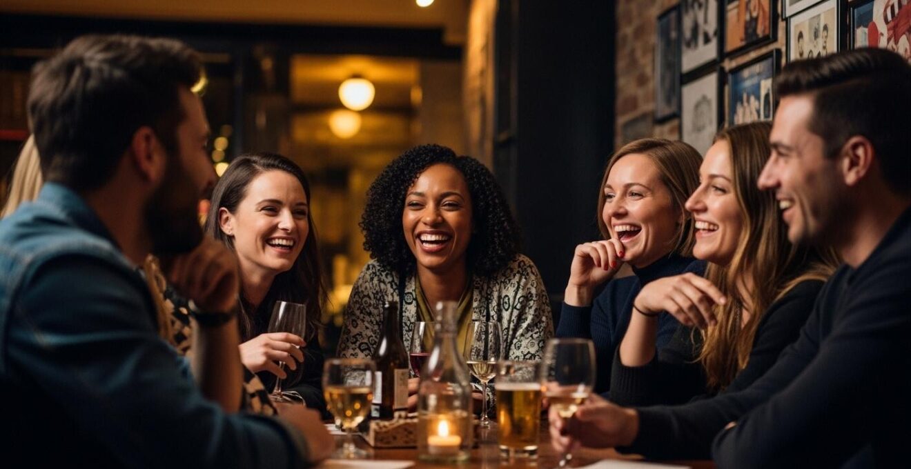 Photographie documentaire d'une scène sociale dans un bar local montréalais animé, avec échanges et interactions entre habitants