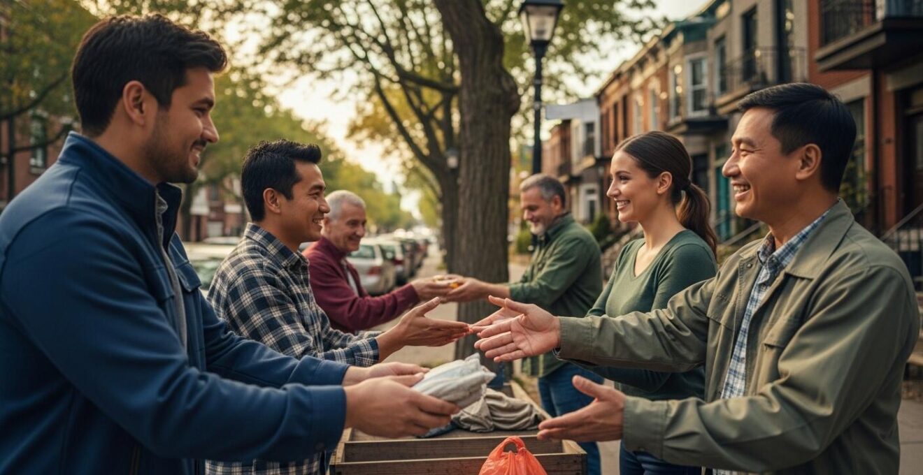 Des voisins souriants partageant un moment convivial dans une rue résidentielle montréalaise