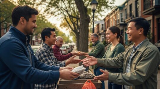 Des voisins souriants partageant un moment convivial dans une rue résidentielle montréalaise