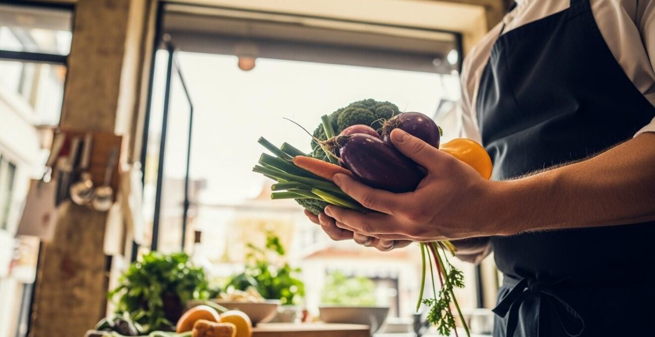 Photographie documentaire d’un chef montréalais préparant un plat avec des légumes locaux frais