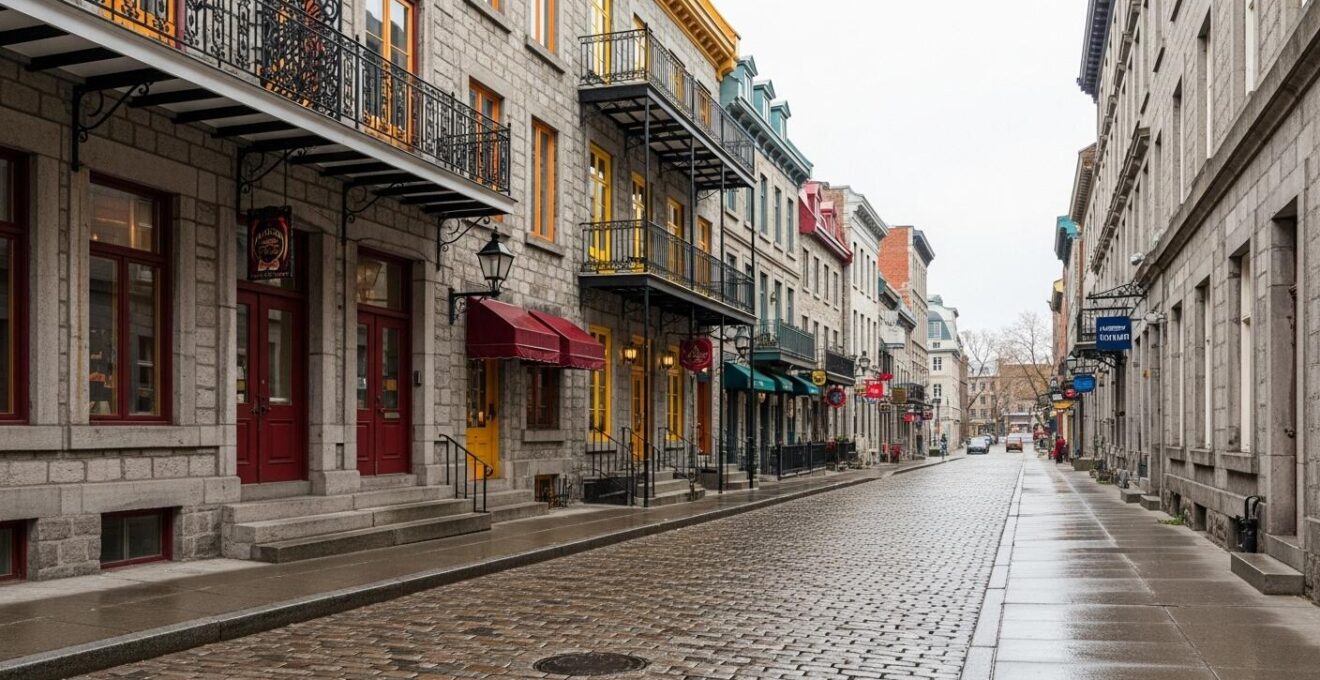 Rue pavée du Vieux-Montréal avec une auberge au charme ancien visible