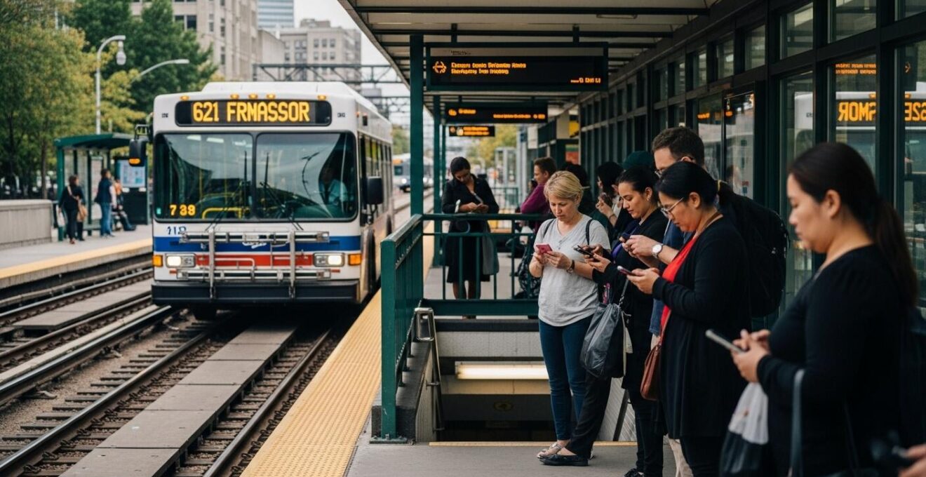 Scène réaliste d'usagers attendant sur un quai de métro avec un bus visible en arrière-plan, ambiance urbaine vivante