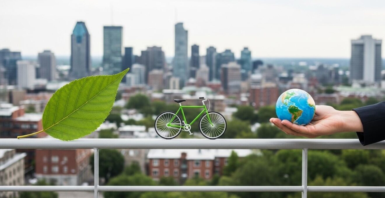 Pictogrammes symbolisant le tourisme durable et éco-responsable avec paysage urbain et éléments naturels