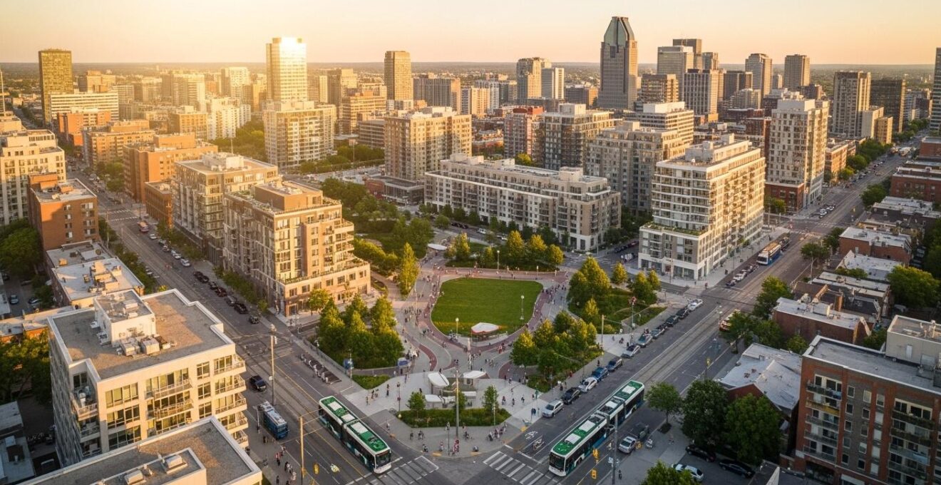 Vue aérienne conceptuelle d'un quartier montréalais avec habitat, parcs et réseaux de transports actifs