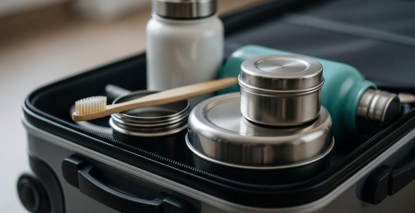 Gros plan d’objets réutilisables et écologiques disposés soigneusement près d’une valise ouverte