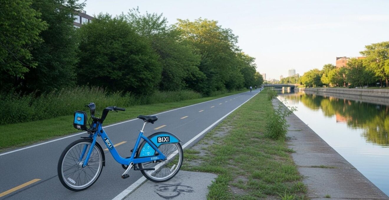 Photographie réaliste d'un vélo BIXI posé sur une piste cyclable à côté du canal de Lachine baigné de lumière naturelle
