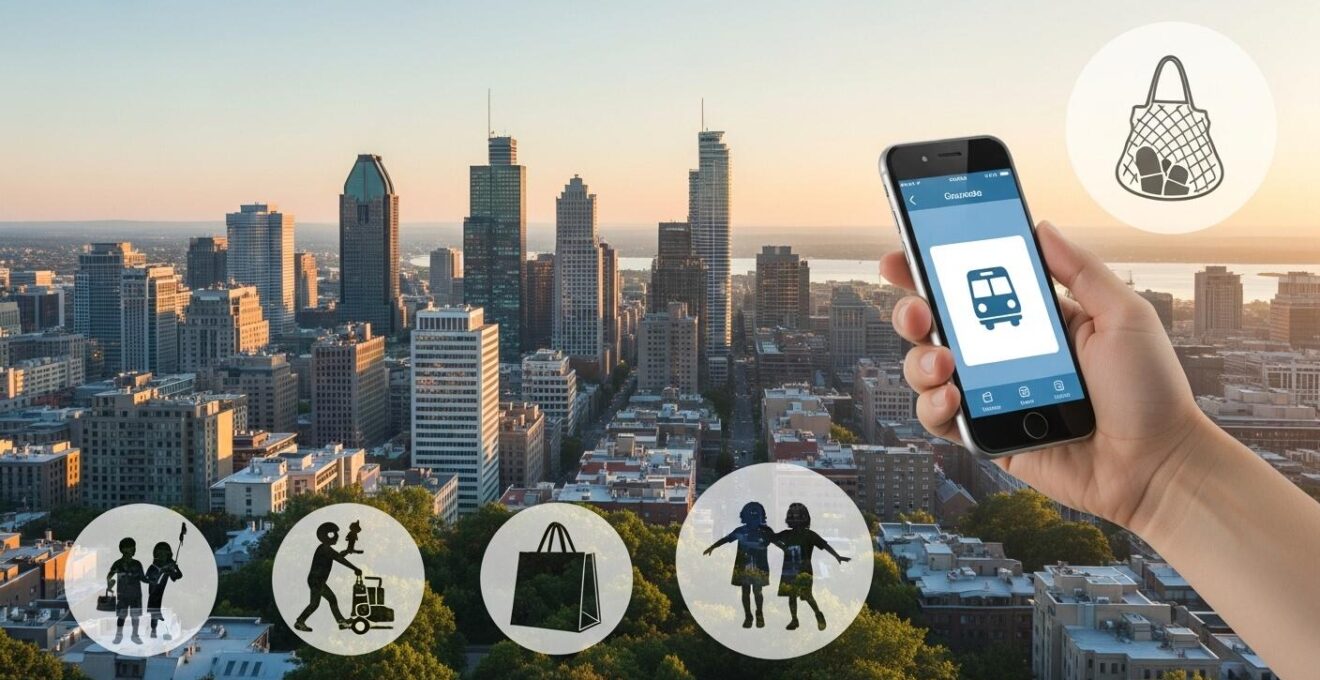 Vue panoramique de Montréal avec des éléments symboliques de la vie urbaine et des astuces locales pour simplifier le quotidien