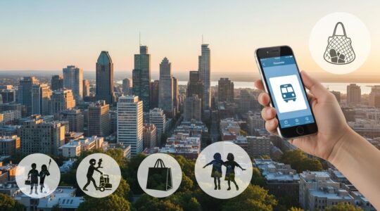 Vue panoramique de Montréal avec des éléments symboliques de la vie urbaine et des astuces locales pour simplifier le quotidien