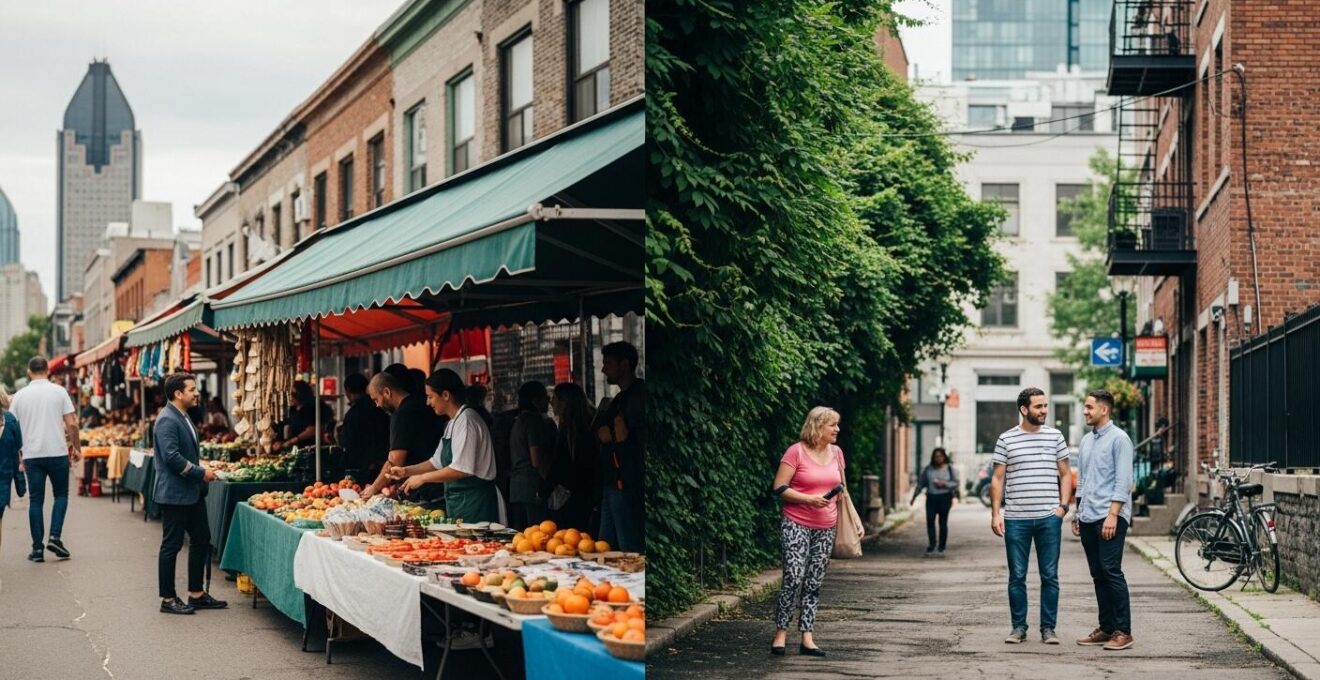 Vue urbaine immersive de Montréal combinant des scènes de vie locale authentique, marchés, ruelles et interaction humaine