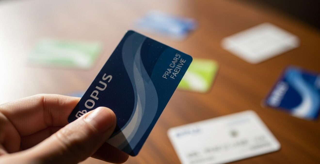 Image détaillée d'une main tenant une carte OPUS avec des billets de transport à côté, sur fond urbain flou