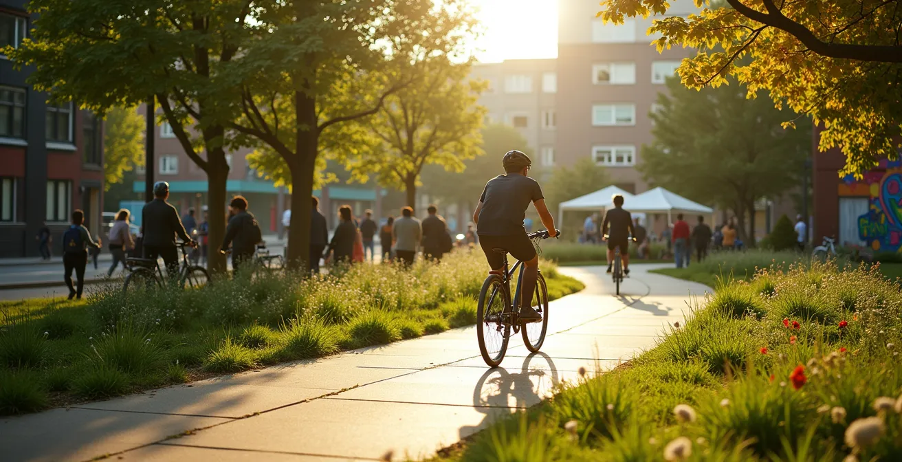 Cycliste parcourant un parcours urbain vert à Montréal incluant des sites culturels et espaces naturels